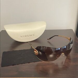Versace Shield Sunglasses in Dark Brown with Gold Hardware